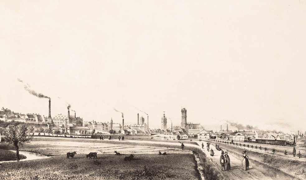 Een door fabrieksschoorstenen gedomineerd stadszicht van Gent. Op de voorgrond de zopas voltooide spoorweg. Gent ontwikkelde zich in de 19e eeuw tot ‘het Manchester van het continent’. (Stadsarchief Gent)