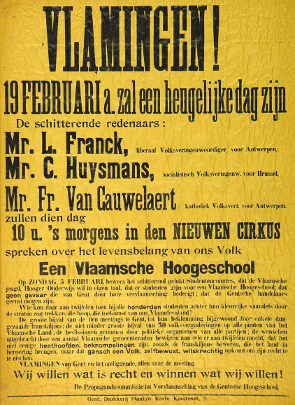 Camille Huysmans, Louis Franck en Frans van Cauwelaert waren de drie politieke boegbeelden van de pluralistische campagne voor de vernederlandsing van de Gentse rijksuniversiteit, 1910. (Collectie Stad Antwerpen, Letterenhuis, tglhps7856)