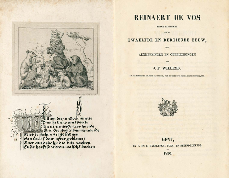 <p>Titelblad van Jan Frans Willems, <em>Reinaert de Vos. Episch fabeldicht van de twaelfde en dertiende eeuw, met aenmerkingen en ophelderingen van J.F. Willems</em>, 1836. (ADVN, VB9906)</p>