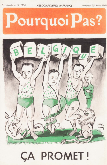 <p>De federalistische partijen maken het de unitaire partijen moeilijk om België bij elkaar te houden. Omslag van het tijdschrift <em>Pourquoi Pas?</em>, 25 augustus 1961. (Liberas)</p>