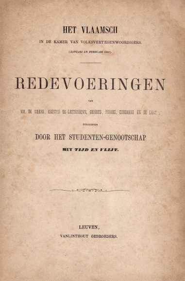 Met Tijd en Vlijt verdedigde niet alleen het gebruik van het Nederlands in het onderwijs, maar ook in het gerecht en het bestuur. In 1869 verspreidde het genootschap de tussenkomsten van onder meer volksvertegenwoordigers De Maere, Gerrits, Pirmez, Coremans en De Laet omtrent het gebruik van het Nederlands in de Kamer. (ADVN, VBRB1446)