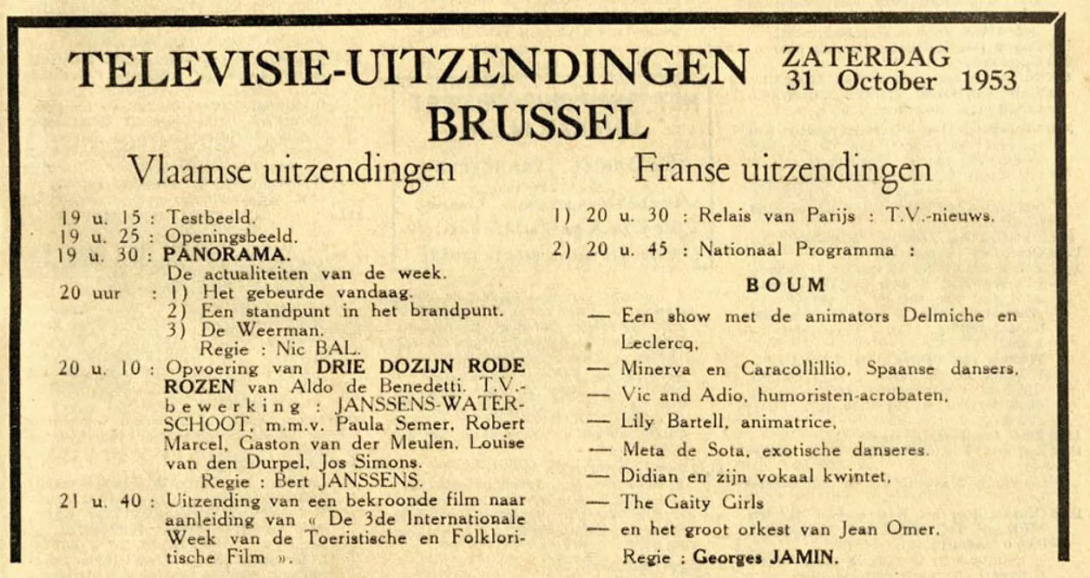 <p>Het programma van de allereerste televisieavond in België, in het tijdschrift <em>De Radioweek</em>, 31 oktober 1953. (Archief VRT)</p>