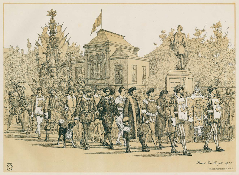 In een groots opgezette historische optocht (23 en 24 augustus 1875) ingericht door de Antwerpse rederijkerskamer De Olijftak werd ‘Antwerps kunstroem’ opgevoerd met onder meer Peter Paul Rubens, Antoon van Dyck, Quinten Metsijs, Frans Floris, Otto van Veen en Jacob Jordaens. (ADVN, VBRD19)
