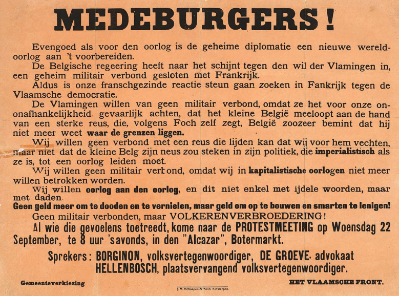 Aankondiging van Hendrik Borginon als spreker op een protestbijeenkomst tegen het Frans-Belgisch militair akkoord van Het Vlaamsche Front, ca. 1920. (Collectie Stad Antwerpen, Letterenhuis, tglhps3189)