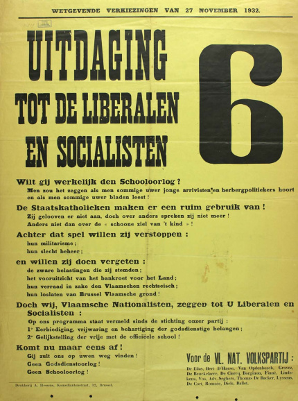 Verkiezingsaffiche van de Vlaamsch Nationale Volkspartij (VNVP) voor de parlementsverkiezingen van 1932. (Collectie Stad Antwerpen, Letterenhuis, tglhps8035)