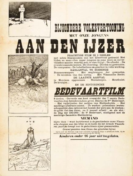 <p>Affiche ter promotie van de propagandafilms <em>Met onze jongens aan den IJzer</em> (1928) en <em>Bedevaartfilm</em> (1928) van Clemens de Landtsheer, 1929. (ADVN, VAFY102)</p>