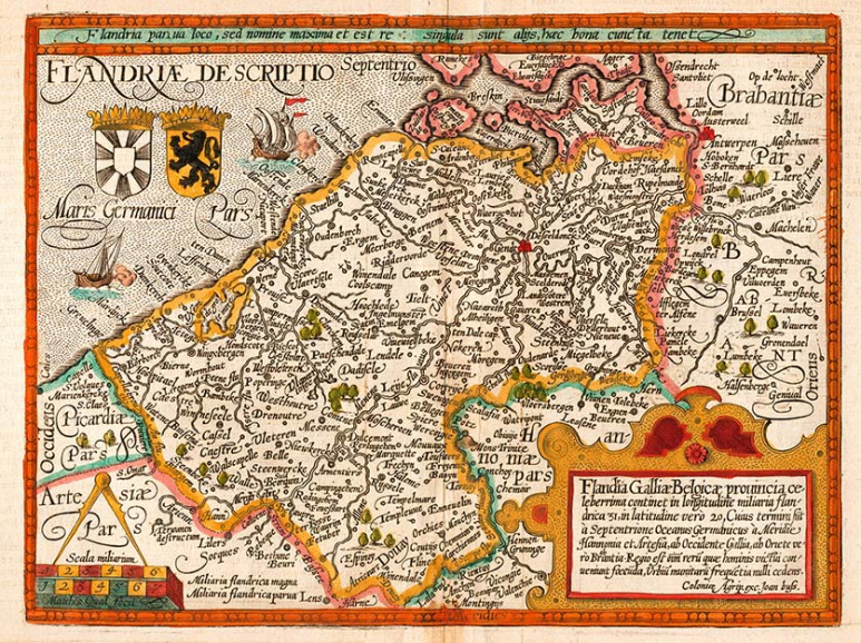 Kaart van het Graafschap Vlaanderen, door Matthias Quad en Johannes Bussemacher, 1609.
