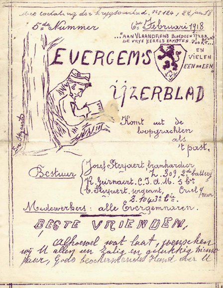<p>Omslag van het <em>Evergem’s IJzerblad</em> (6 februari 1918), een van de ca. 200 frontbladen die tijdens de oorlog werden verspreid. (ADVN)</p>