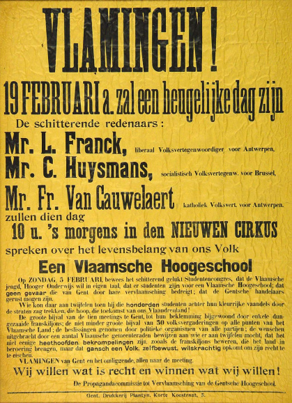 Het bondgenootschap van de ‘Drie Kraainde Hanen’ - Louis Franck, Camille Huysmans en Frans van Cauwelaert - dient in 1911 een eerste wetsvoorstel in voor de vernederlandsing van de Gentse Universiteit. (Collectie Stad Antwerpen, Letterenhuis, tglhps7856)
