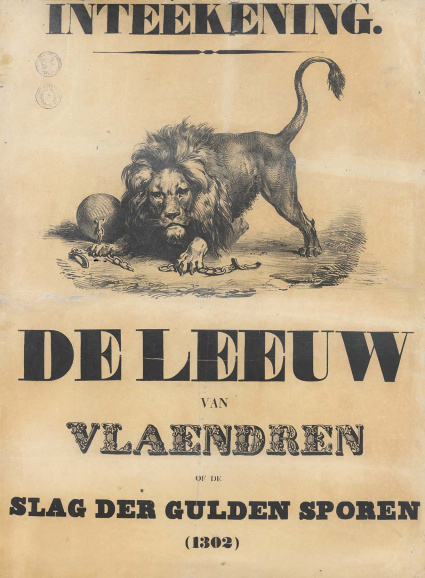 <p>Affiche voor de intekening op <em>De Leeuw van Vlaenderen</em> (1838) van Hendrik Conscience. Ontwerp Gustaaf Wappers, 1938. (Collectie Stad Antwerpen, Letterenhuis, tglhps12204)</p>