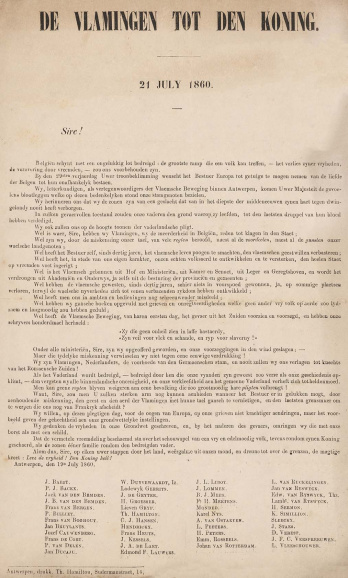 In 1860 richtte een groep Vlaamsgezinden zich tot de koning met een reeks bezwaren over de houding van de overheid tegenover de taalkwestie sinds 1830. Er bestond ontgoocheling over het uitblijven van maatregelen voor de vernederlandsing. (Collectie Stad Antwerpen, Letterenhuis, L431)