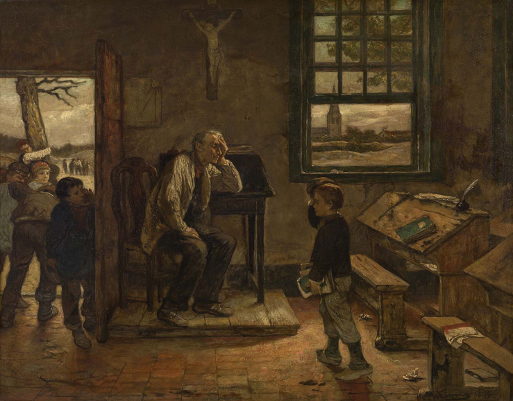 Het einde van de schooldag in een dorpsschooltje, geschilderd door Willem Linnig I, ca. 1875. (Koninklijk Museum voor Schone Kunsten Antwerpen)