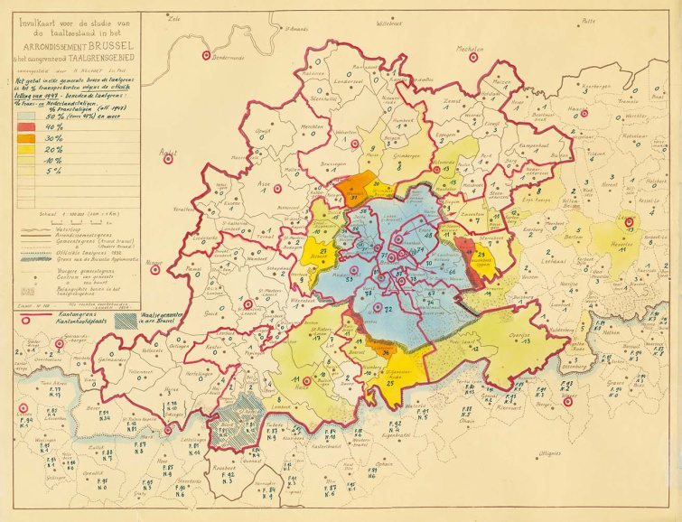 Kaart van de taalsituatie in en rondom Brussel, opgesteld door Hendrik Aelvoet, ca. 1955. (ADVN, AC280)