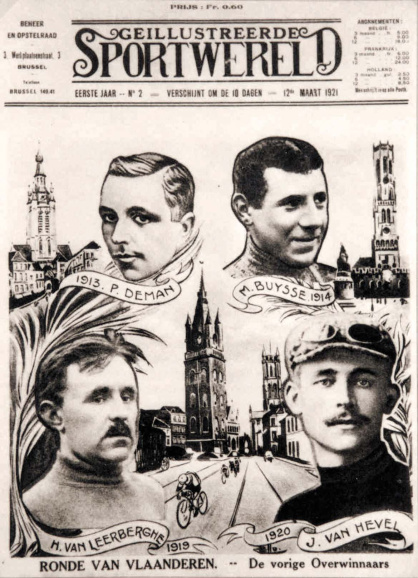 <p>Naar aanleiding van de Ronde van Vlaanderen van 1921 portretteerde <em>Sportwereld</em> (12 maart 1921) de vier voorgaande winnaars. (KOERS)</p>