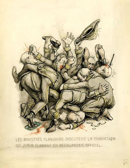 Deze anonieme karikatuur steekt de draak met de Vlaamse onenigheid inzake taalgebruik, ca. 1900. (Musée de la Vie wallonne)