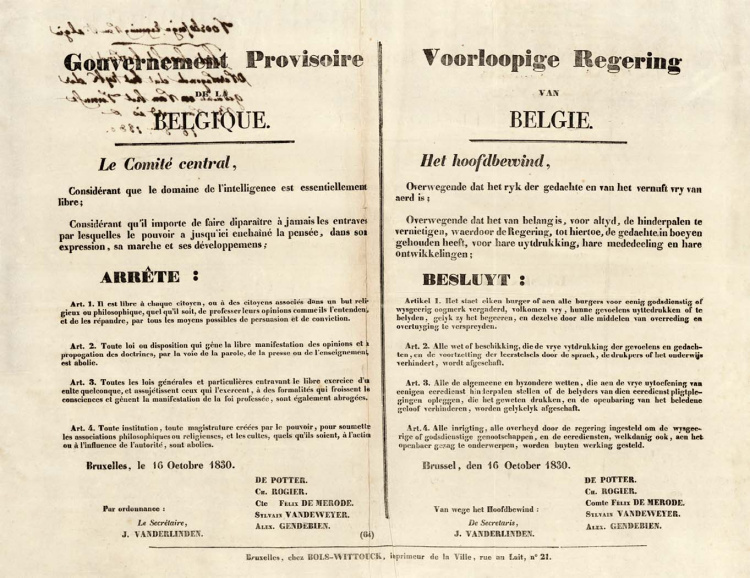 Enkele dagen nadat Belgische opstandelingen de onafhankelijkheid uitriepen werden per proclamatie de eerste vrijheden vastgelegd, waaronder de vrijheid van meningsuiting en godsdienst, 16 oktober 1830. (Universiteitsbibliotheek Gent)