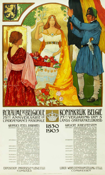 Tweetalige affiche met het feestprogramma voor de 75ste verjaardag van de Belgische onafhankelijkheid. (Collectie Stad Antwerpen, Letterenhuis, tglhps36570)