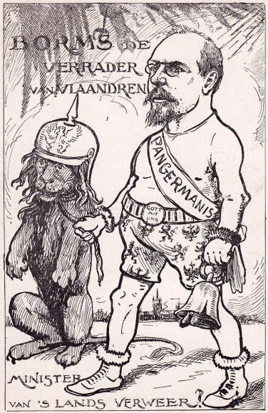 Anti-activistische spotprent waarin August Borms als ‘verrader van Vlaanderen’ werd opgevoerd, met een Vlaamse leeuw met Duitse pinhelm aan de leiband, ca. 1918. (Collectie Stad Antwerpen, Letterenhuis)