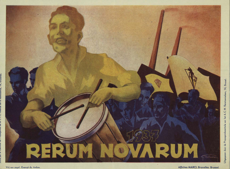 Tijdens het interbellum groeide de christelijke arbeidersbeweging uit tot een massabeweging. Het zwaartepunt van deze beweging lag in Vlaanderen. Affiche van het ACW naar aanleiding van Rerum Novarum, 1937. (KADOC, kca000577)