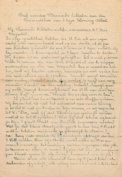 De tweede open brief van de Frontbeweging aan koning Albert I, september 1917. Het vertrouwen van de Vlaamsgezinden in de vorst werd op de proef gesteld door het uitblijven van een antwoord op de eerste brief. (ADVN, Y128/2)