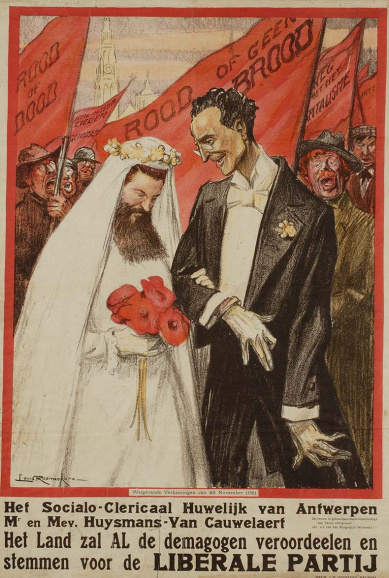 "Het mystieke huwelijk". Affiche uitgegeven door de Liberale Partij voor de wetgevende verkiezingen van 1921. De liberale campagne viseerde vooral Huysmans, met Van Cauwelaert in de rol van onderdanige bruid. Ontwerp Louis Raemaekers. (ADVN, VAFC93)