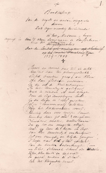 <p><em>Boodschap van de vogels</em>, handschrift van Guido Gezelle, 1854-55. (Openbare Bibliotheek Brugge)</p>