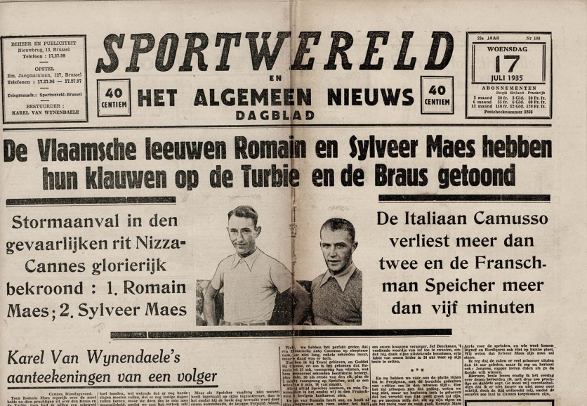 <p>De ‘Vlaamsche leeuwen’ Romain en Sylveer Maes op de voorpagina van <em>Sportwereld</em>, 17 juli 1935. (Privécollectie André Vervacke)</p>