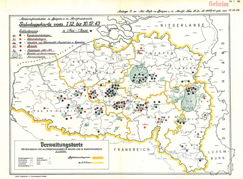 Door de Duitse politiediensten opgestelde kaart van sabotageacties in België en Noord-Frankrijk voor de periode van 1 tot 10 december 1943. Er is een duidelijk overwicht van acties in Brussel en Wallonië. (CegeSoma/Rijksarchief)