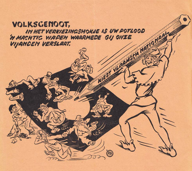 In een VNV-verkiezingsbrochure uit 1939 werd afgerekend met onder meer Franskiljons, socialisten, communisten en liberalen. Ook 'hetsers' en immigranten moesten het ontgelden, hier voorgesteld als Joodse karikaturen. (ADVN, VBRC355)