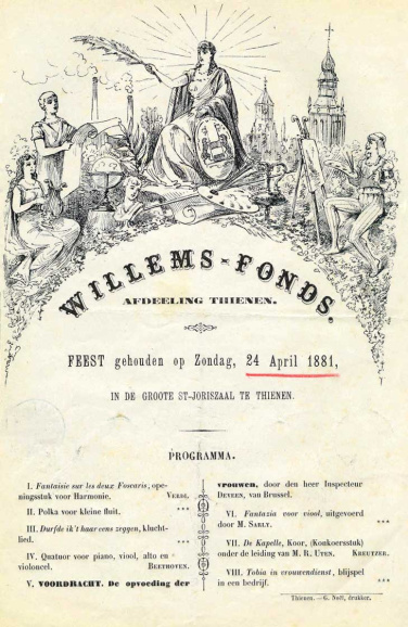 Uitnodiging voor een concert- en voordrachtavond georganiseerd door het Willemsfonds van Tienen, 12 maart 1882. (Liberas)