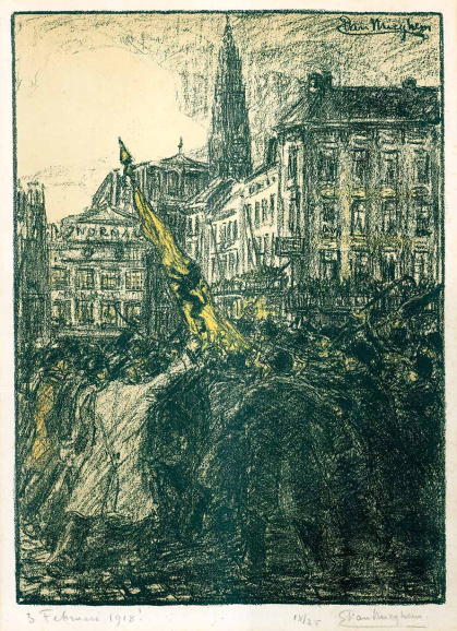 Op 3 februari 1918 was kunstenaar Eugeen van Mieghem getuige van een activistische straatmanifestatie in Antwerpen die werd belaagd door tegenbetogers. Tekening van Eugeen van Mieghem. (Privécollectie Jo Valgaeren)