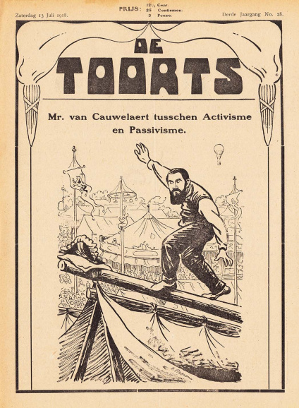 <p>Illustrator Albert Daenens bekritiseerde in het pro-activische Nederlandse weekblad <em>De Toorts</em> de in zijn ogen halfslachtige houding van Frans van Cauwelaert. (ADVN, VY553)</p>
