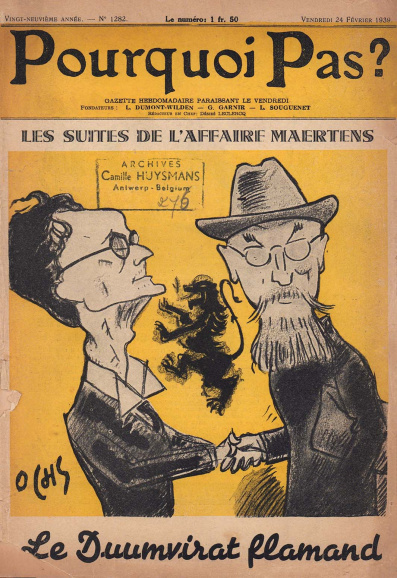 <p>Karikatuur van Camille Huysmans en Frans van Cauwelaert op de omslag van het tijdschrift <em>Pourquoi Pas?</em> (24 februari 1939), naar aanleiding van de zaak-Adriaan Martens. Tekening Jacques Ochs. (Amsab-ISG, pr001356)</p>