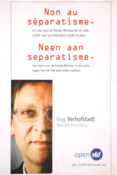 Verkiezingsaffiche 'Neen aan separatisme' van Guy Verhofstadt voor de parlementsverkiezingen 2007. (Liberas)