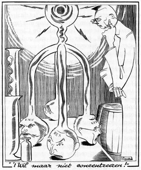 <p>Pogingen tot een rechtse (Vlaamse) krachtenbundeling mislukten. Karikatuur van Eugeen Hermans in het katholieke weekblad <em>Hooger Leven,</em> 6 maart 1937. (ADVN, VY900273)</p>