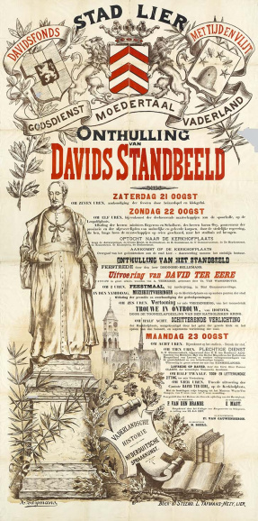 Aankondiging van de inhuldiging van het standbeeld van kanunnik Jan Baptist David, oprichter van het Davidsfonds, in zijn geboortestad Lier, 1897. (KADOC, kcd000166)