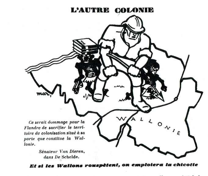 Tijdens het interbellum werd de angst van wallinganten voor minorisering verder aangewakkerd door toespelingen van radicale Vlaams-nationalisten op een ‘kolonisatie’ van het minder volkrijke Wallonië. (L’Action wallonne, 15 maart 1933)