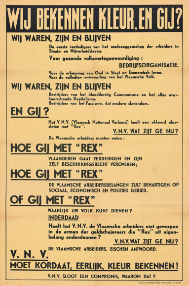 Het ACW verwierp het Beginselakkoord Rex-VNV van oktober 1936 met Vlaamsgezinde en sociale argumenten, maar beleed tegelijk het corporatisme. (KADOC, KCC321)