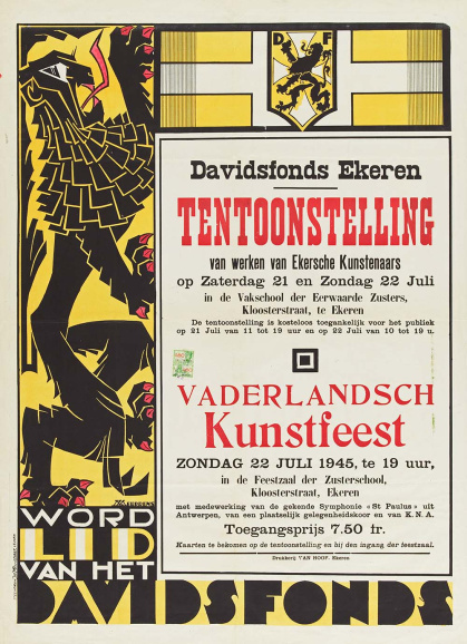 Affiche van het Davidsfonds ter promotie van het ‘Vaderlandsch Kunstfeest’ op 22 juli 1945 in Ekeren. Kort na de Tweede Wereldoorlog benadrukte het Davidsfonds voluit zijn gehechtheid aan het Belgische vaderland. (KADOC, kcb003656)