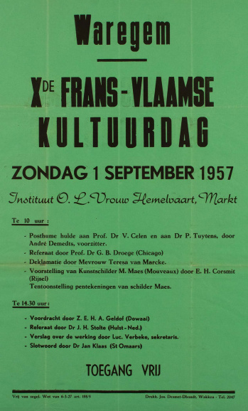 Aankondiging van de tiende Frans-Vlaamse Kultuurdag in Waregem, 1 september 1957. (ADVN, VAFA2062)