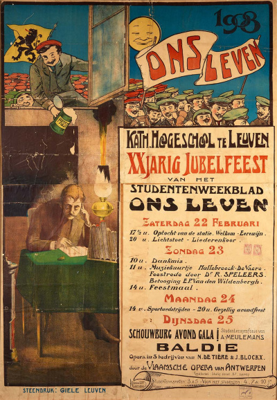 <p>Aankondiging van de festiviteiten ter gelegenheid van het twintigjarige bestaan van het studentenblad <em>Ons Leven</em>, 1908. Ontwerp Karel Verhoeft. (Universiteitsarchief KU Leuven)</p>