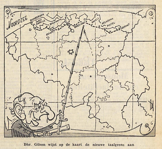 <p>In het satirische weekblad <em>’t Pallieterke</em> wordt de draak gestoken met de taalgrensvoorstellen van minister van Binnenlandse Zaken Arthur Gilson, 16 februari 1962. (ADVN, VY900002)</p>