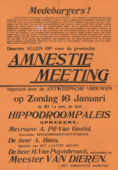 Affiche voor een amnestiemeeting, ‘ingericht door de Antwerpese vrouwen’, met onder meer Maria van Gastel als spreker, 16 januari 1921. (Collectie Stad Antwerpen, Letterenhuis, tglhps46925)