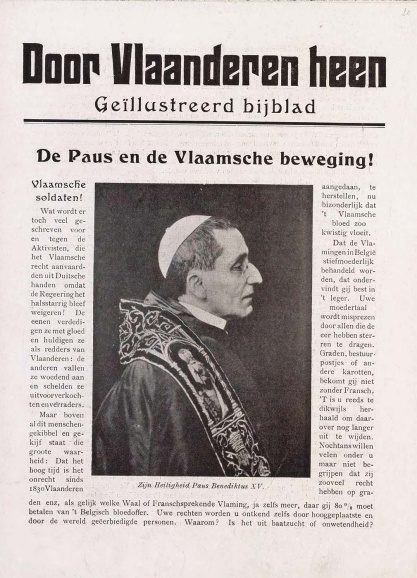 <p>De Duitse bezetter en de activisten probeerden tijdens de Eerste Wereldoorlog de zich neutraal houdende paus Benedictus XV uit te spelen tegen de sterk anti-Duitse kardinaal Désiré Mercier. Voorpagina van <em>Door Vlaanderen heen</em>, ca. 1918. (Erfgoedbibliotheek Hendrik Conscience)</p>