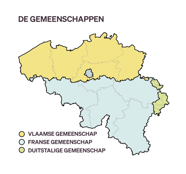 De federale staatsstructuur van België, bestaande uit drie gemeenschappen en drie gewesten. (Vlaams Parlement).