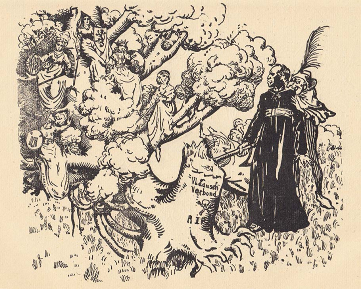 Een grimmige vicerector Jean van Cauwenbergh hakt een stevige boom om, waaruit echter meteen de vijf sterke takken van de Vlaamse gouwgilden voortspruiten. Karikatuur op de afschaffing van het Vlaamsch Verbond in Ons Leven, maart 1910. (ADVN, VY1633)