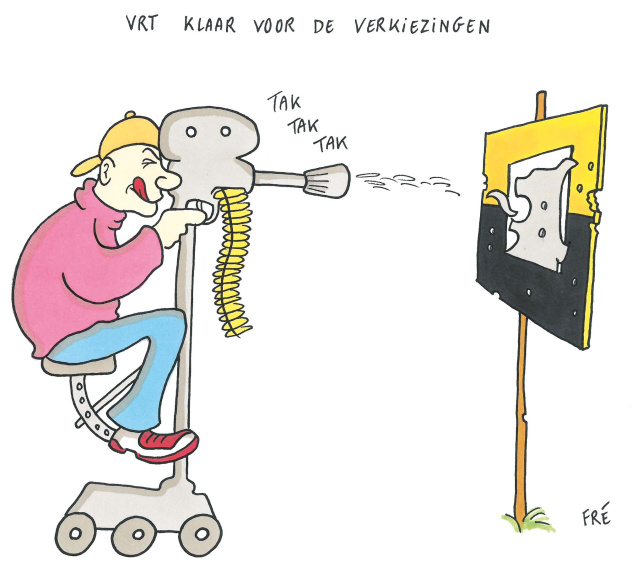 De VRT schiet met scherp op het Vlaams Belang (VB) in deze cartoon van VB-huistekenaar Fré. Van bij haar ontstaan leverde de partij felle kritiek op de openbare omroep, die zij wegzette als een ‘links nest’ en als een wapen van de politieke elite tegen het VB.