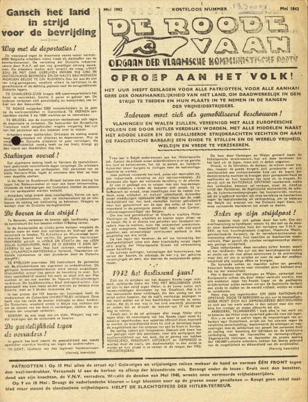 <p>Het communistische sluikblad <em>De Rode Vaan</em> roept &lsquo;Vlamingen en Walen&rsquo; op om zich te verzetten tegen de Duitse bezetter, mei 1942. (CarCoB)</p>