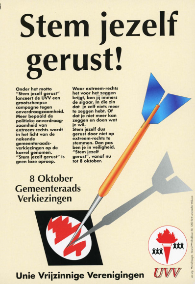 Campagne van de Unie Vrijzinnige Verenigingen tegen het Vlaams Blok, naar aanleiding van de gemeenteraadsverkiezingen van 8 oktober 2000. (Liberas, PAMFLET010754)