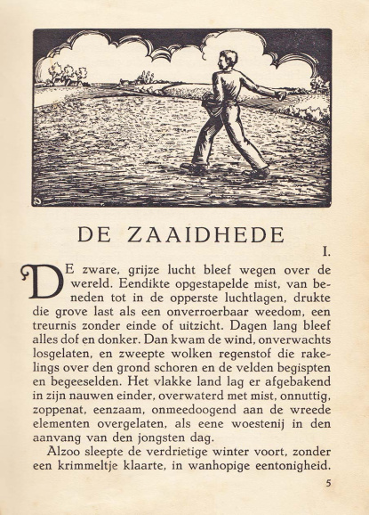 <p>Pagina uit <em>De Vlaschaard</em> (1907) van Stijn Streuvels. (ADVN, VB16332)</p>